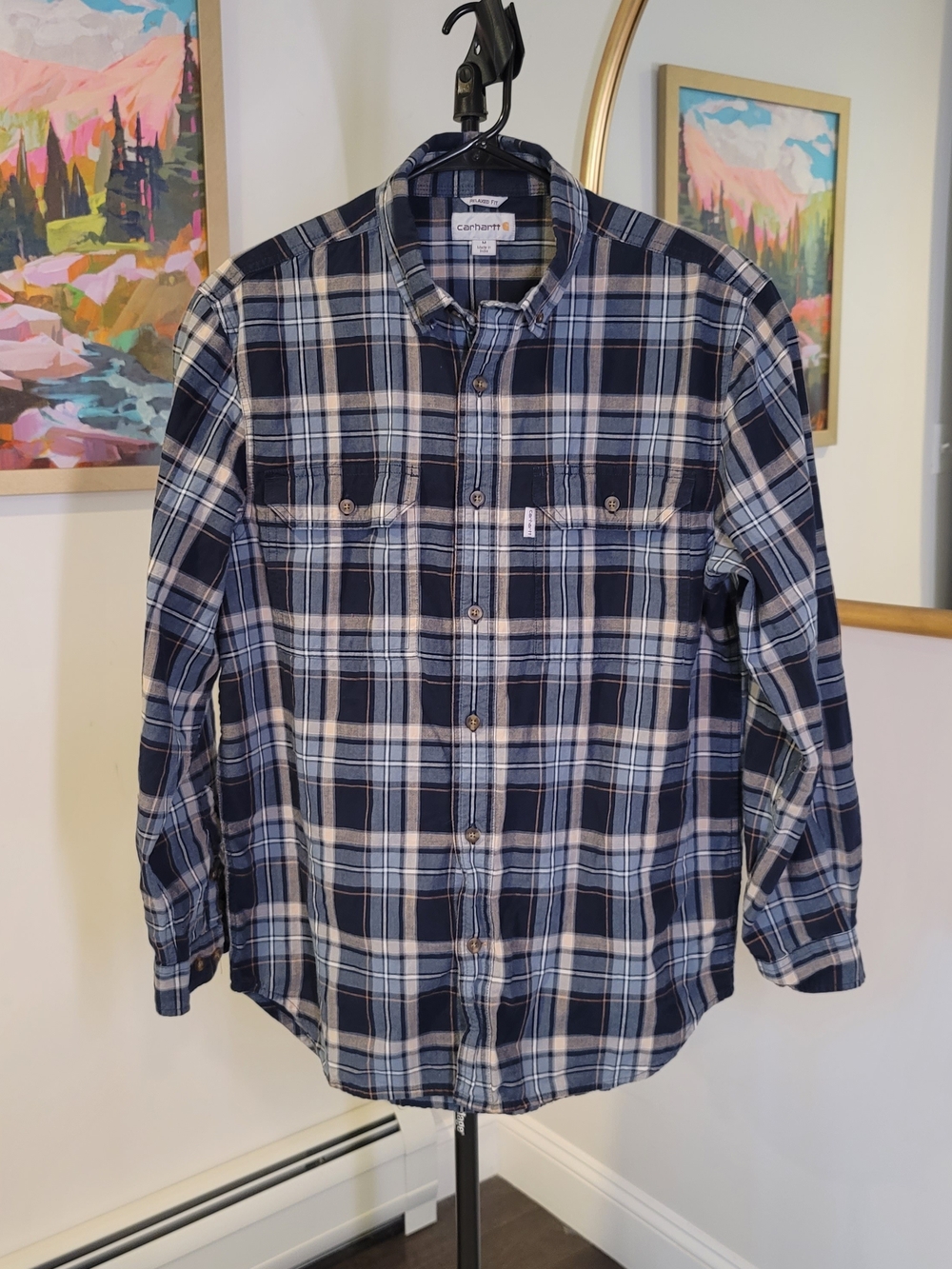 CARHARTT Relaxed Fit Cotton Flannel Shirt Blue Plain Button Down Men's Size M